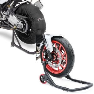 Set: Reifenwärmer Set Billown 60-80-95 °C für Vorderrad Hinterrad 17 Zoll + Vorderrad Montageständer Falcone-2 Motorradständer mit L-Aufnahme_1