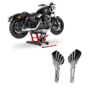 Set: Hebebühne Mid-Lift L Motorradheber für Harley und Chopper bis 680 k + Spiegel Skelett Hand für Harley-, Japaner,Triumph chrom-schwarz_1