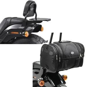 Set: Sissy Bar CSS Fix passend für Harley Davidson Fat Bob / 114 18-24 mit Gepäckträger schwarz Craftride + Hecktasche passend für Chopper / Custombike Gepäckrolle Craftride RB1 24-30Ltr CB13323