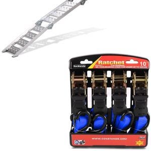 Set: rampe de chargement III en Alu max. 270 kg triple pliable + Moto Sangle Set avec cliquet et crotchet incl 4x boucles de chargement