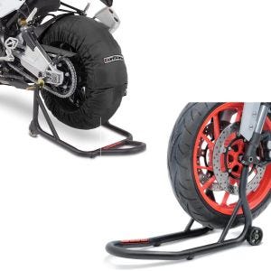 Set: Reifenwärmer Set Laguna Seca 60-80°C für Vorderrad und Hinterrad + Montageständer Vorderrad Fork Motorradständer mit Dornaufnahme matt_1