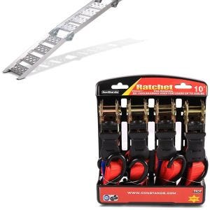 Set: Auffahrrampe bis 270 kg Alu-III dreifach klappbar + Spanngurt Set mit Ratsche und Haken inkl 4x Zurrschlaufe in rot