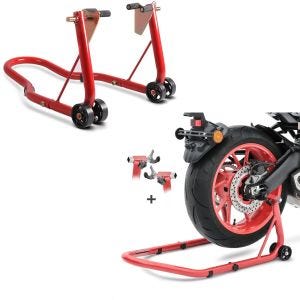 Set: Montageständer Vorderrad Classic-V Motorradständer mit V-Aufnahmen rot + Montageständer Hinterrad Universal-Racing S rot_1