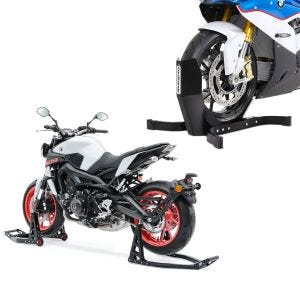 Set: Béquille d'Atelier moto Set Arrière Avant Lève Stand SBL + Bloque Roue Easy-Plus Bequille Avant à 21 Pouces noir-mate