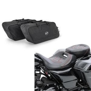 Set: Sitzbank für Harley Touring 09-21 Komfortsitzbank RH3 schwarz-rot + Koffer Innentaschen für Harley- Touring 94-21 BG1 Paar_1