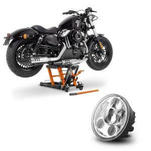 Set: Hebebühne Mid-Lift L Motorradheber für Harley und Chopper bis 680kg + Hauptscheinwerfer LED 5,75 Zoll für Harley in chrom_1