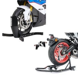 Set: Béquille d'Atelier arriere aide au Rangement Mover 2 noir + Bloque Roue Easy-Plus Bequille Avant à 21 Pouces noir-mate