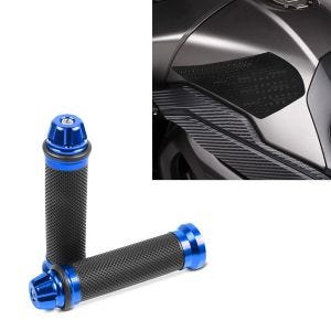 Set: Seiten-Tankpad Grip Pad L schwarz Kniepad + Lenkergriffe 2X 22mm blau_1