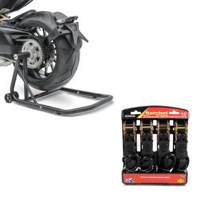 Set: Einarmständer KTM 1290 Super Duke / R 14-21 Montageständer Single + Spanngurt Set mit Ratsche und Haken inkl 4x Zurrschlaufe in schwarz_1