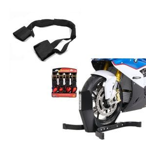 Set: Set béquille cale de roue moto avant av. Sangles de cliquet Easy Plus + Moto Sangle d'arrimage du guidon