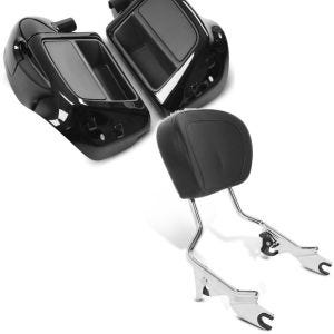 Set: Beinschild für Harley Street Glide 14-20 belüftet schwarz + Sissybar Harley Touring Modelle 2009-2021 Fast Driver-M chrom_1
