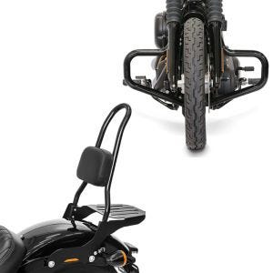 Set: Sissy Bar CSL avec porte bagages compatible avec Harley Davidson Softail Street Bob 18-24 noir Craftride + Pare cylindre Mustache compatible avec Harley Davidson Softail Street Bob / Standard 18-24 Craftride noir