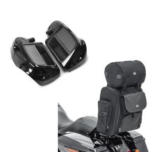 Set: Beinschild für Harley Touring Modelle 2014-2021 belüftet schwarz + Sissybar Tasche SXL Hecktasche mit Gepäckrolle in schwarz_1