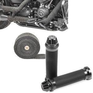 Set: Hitzeschutzband Auspuffband schwarz 10m + Lenkergriffe 2X 22mm titan