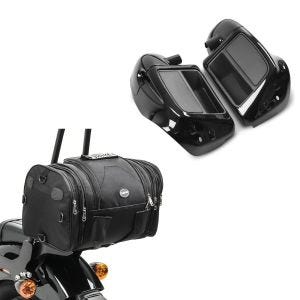 Set: Beinschild passend für Harley Davidson Touring Modelle 14-24 Craftride belüftet schwarz + Motorrad Hecktasche Craftride RB1 Gepäckrolle 24-30Ltr für Chopper Cruiser und Custombikes schwarz