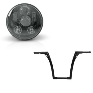 Set: Lenker Ape Hanger Fat B2 1-1/4" Höhe 16" passend für Harley Davidson von Craftride Schwarz + LED Scheinwerfer 5,75 Zoll passend für Harley Davidson Hauptscheinwerfer schwarz Craftride