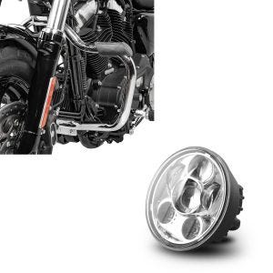 Set: Pare carter compatible avec Harley Davidson Sportster 2004-2020 Craftride Mustache chrome + Phares Avant Moto LED 5,75 Pouces compatible avec Harley Davidson en chrome Craftride