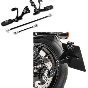 Set: Commandes Avancées compatible avec Harley Davidson Sportster 883 Iron 09-13 Craftride noir + Support de plaque latérale compatible avec Harley Davidson Sportster 883 Iron 09-20 Craftride noir