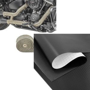 Set: Hitzeschutzband Auspuffband Titan + Wrapping Klebefolie Carbonfolie 75x100cm Carbon-Look 3D in schwarz_1
