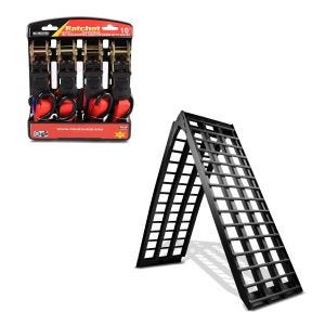 Set: Alu Auffahrrampe V , bis 680 kg, klappbar, für Motorrad, Scooter, Quad + Spanngurt Set mit Ratsche und Haken inkl 4x Zurrschlaufe in rot_1