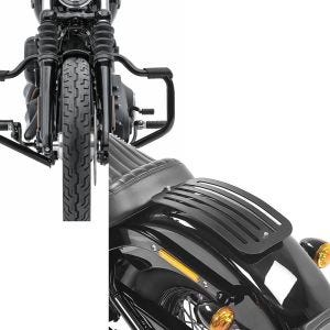 Set: Pare cylindre Mustache compatible avec Harley Davidson Softail Standard 20-24 noir 32mm Craftride + Porte-Bagage compatible avec Harley Davidson Softail Standard 20-24 Solo Rack arrière L1 Craftride
