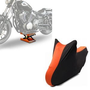 Set: Hebebühne Mid-Lift M Motorradheber für Harley und Chopper bis 500 kg + Motorradabdeckung Indoor XL-XXL Stretch Garage in schwarz-orange_1