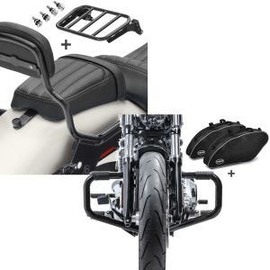 Set: Sissy Bar compatible avec Harley Davidson Sport Glide 18-24 XS porte-bagages kit montage noir Craftride + Set STS4 Barre protection Mustache Craftride et un Set de sacoches unterieurs compatible avec Harley Davidson Sportglide 18-24 Craftride