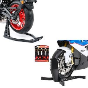 Set: Easy Plus - Motorradwippe inklusive 4-fach Spanngurt-Set für Anhänger + Montageständer Hinterrad Superlight Racing schwarz_1
