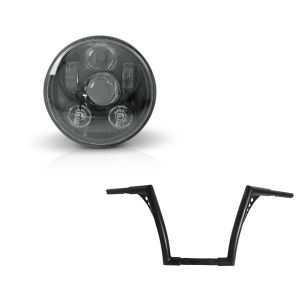 Set: Lenker Ape Hanger Fat B2 1-1/4" Höhe 12" passend für Harley Davidson von Craftride Schwarz + LED Scheinwerfer 5,75 Zoll passend für Harley Davidson Hauptscheinwerfer schwarz Craftride