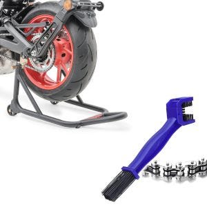 Set: Béquille d'atelier arrière ST Racing noir mat + Brosse de nettoyage chaîne moto bleu 