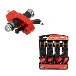 Set: Bremshebelschloss / Diebstahlsicherung PT22 rot + Spanngurt Set mit Ratsche und Haken inkl 4x Zurrschlaufe in rot_1