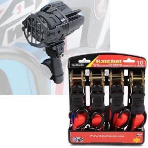 Set: LED Zusatzscheinwerfer mit Sturzbügel Halter und Schutzgitter SX22 + Spanngurt Set mit Ratsche und Haken inkl 4x Zurrschlaufe in rot_1