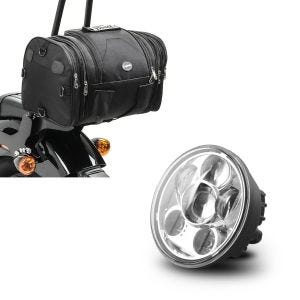 Set: Phares Avant Moto LED 5,75 Pouces compatible avec Harley Davidson en chrome Craftride + Moto Sacoche Arrière Craftride RB1 Rouleau 24-30Ltr pour chopper cruiser et motos custom noir