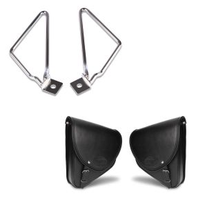 Set: Satteltaschen Paar für Custom Bikes Indiana schwarz + Satteltaschenhalter Universal Chrom_1