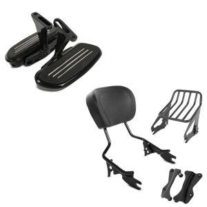 Set: Sissybar mit Gepäckträger W1 und Montagekit für Harley Touring 14-21 + Sozius Trittbretter Harley Touring 93-21 CF2 mit Halter schwarz_1