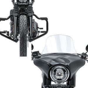 Set: Pare cylindre Mustache compatible avec Harley Davidson Softail Sport Glide 18-24 noir 32mm Craftride + Pare-brise compatible avec Harley Davidson Sport Glide 18-24 Craftride L saute vent clair