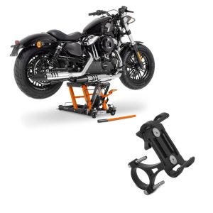 Set: Hebebühne Mid-Lift L Motorradheber für Harley und Chopper bis 680kg + Smartphonehalter SH5 für Lenker Handyhalter Aluminium Halterung_1