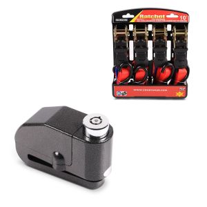 Set: Antivol bloque disque Alarme 110dB BS-Motoparts Moto antivol noir + Moto Sangle Set avec cliquet et crotchet incl 4x boucles