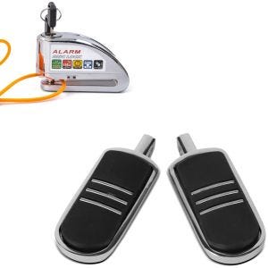 Set: Antivol bloque disque Alarme moto avec câble de rappel Tourtecs 110dB en chrome + repose pieds Chauffeur-Passager ST compatible avec Harley Davidson 1984-23-24 chrome Craftride