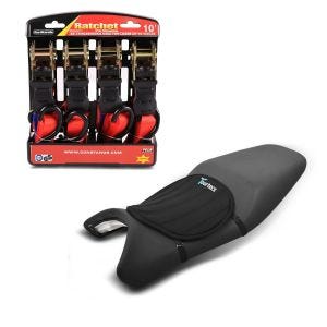 Set: Gel Sitzkissen Neopren M Gelkissen Sitzauflage in schwarz + Spanngurt Set mit Ratsche und Haken inkl 4x Zurrschlaufe in rot_1