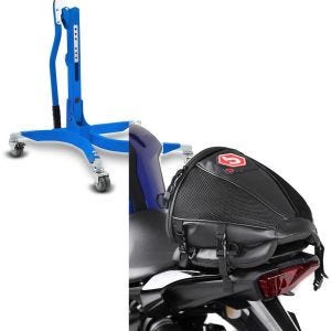 Set: Lève moto centrale Power bleu sans plaque de base + Sacoche de selle compatible avec Suzuki GSX-S 1000/F/SV 1000/S/650/S/X 