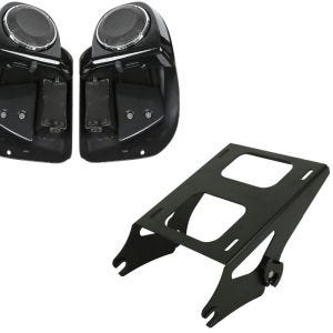 Set: Beinschild passend für Harley Davidson Street Glide Special 15-20 Craftride mit Lautsprecher schwarz + Topcase Träger Doppelsitzbank passend für Harley Davidson Touring 14-23 schwarz Craftride
