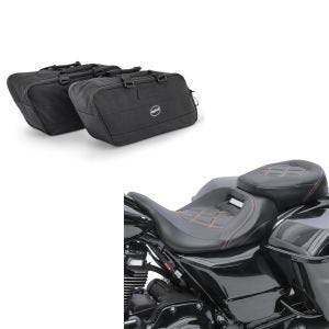 Set: Sitzbank passend für Harley Davidson Touring 09-24 Komfortsitzbank Craftride RH3 schwarz-orange + Koffer Innentaschen passend für Harley Davidson Touring 94-24 Craftride BG1 Paar