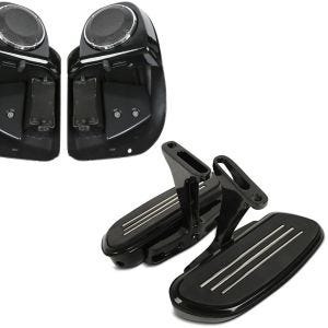 Set: Beinschild passend für Harley Davidson Road Glide Special 15-20 Craftride mit Lautsprecher schwarz + Sozius Trittbretter passend für Harley Davidson Touring 93-22 Craftride CF2 mit Halter schwarz