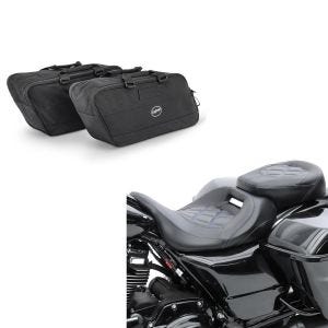 Set: Sitzbank passend für Harley Davidson Touring 09-24 Komfortsitzbank Craftride RH3 schwarz-blau + Koffer Innentaschen passend für Harley Davidson Touring 94-24 Craftride BG1 Paar