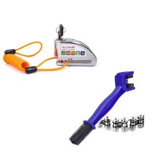 Set: Bremssscheibenschloss Alarm mit Erinnerungskabel Diebstahlschutz + Reinigungsbürste Motorradkette blau_1