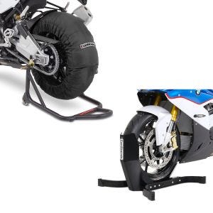 Set: Reifenwärmer Set Billown 60-80-95 °C für Vorderrad Hinterrad 17 Zoll + Motorradwippe Easy-Plus Motorradständer bis 21 Zoll schwarz-matt_1