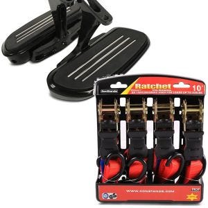Set: Marchepieds pour passager avec kit CF2B compatible avec Harley Davidson Street Glide Special 15-23 Craftride + Moto Sangle Set ConStands avec cliquet et crotchet incl 4x boucles de chargement en rouge