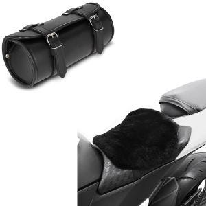 Set: Werkzeugrolle Kansas 3Ltr Custom Werkzeugtasche in schwarz + Lammfell Sitzkissen CA710 22 X 29cm