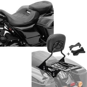 Set: Sitzbank RH3 für Harley Touring 09-21 Komfortsitzbank in schwarz + Sissybar mit Gepäckträger AW und Montagekit für Harley Touring 14-21_1